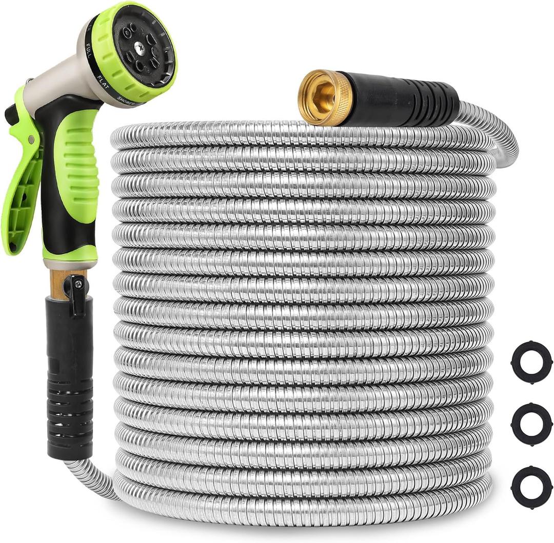 Metal Garden Hose 25ft Stainless Steel Hose Heavy Duty Flexible Water Hose with 10 Way Spray Nozzle 3/4 Solid Brass Fittings-Outdoor Yard Lightweight No Kink Leak Resistant Water Pipe