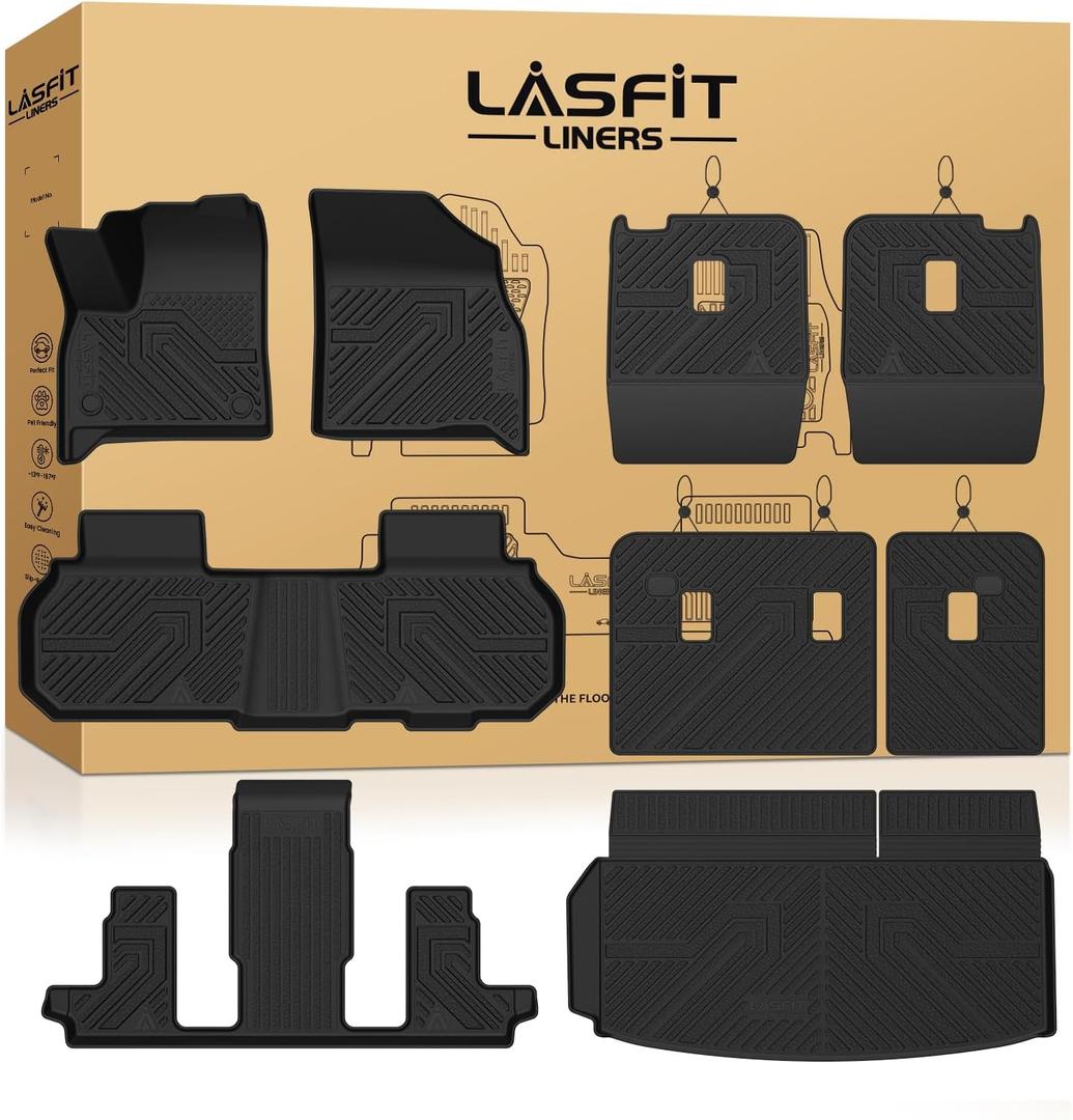 LASFIT Floor Mats & Cargo Liner with Backrest for Chevy Traverse 2024-2026 | GMC Acadia 2024-2026 (Only 7 Seats) & Buick Enclave 2025-2026, All Weather TPE Custom Fit Floor Liners