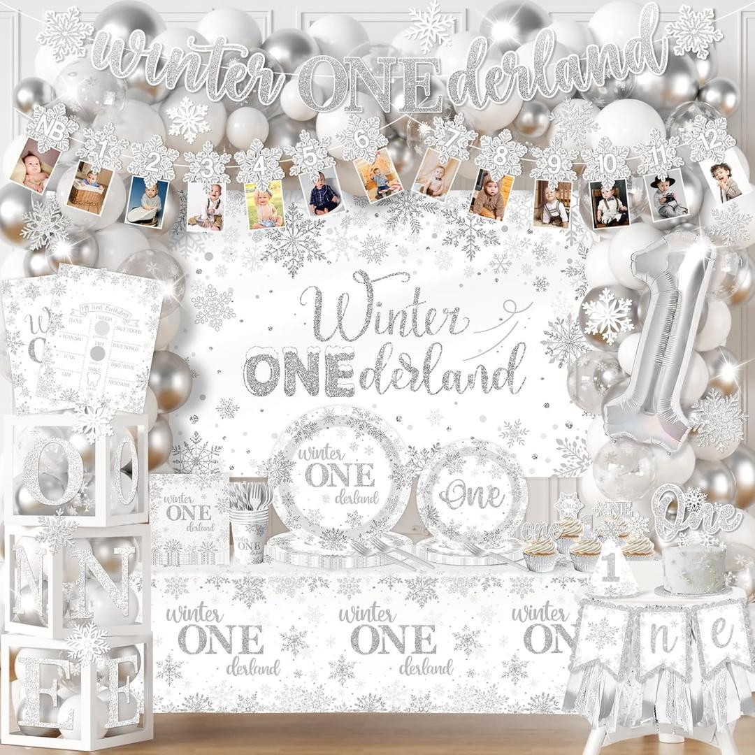 Winter Onederland 1st Birthday Decoration,Snowflake Party Decoration Include Plate,Napkin,Tablecloth,Banner,Balloon Arch First Birthday Decorations for Winter Wonderland PartySilver