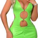 WDIRARA Women's PU Leather Cut Out V Neck Babydoll Lingerie Nightdress with Thong (Green, S)