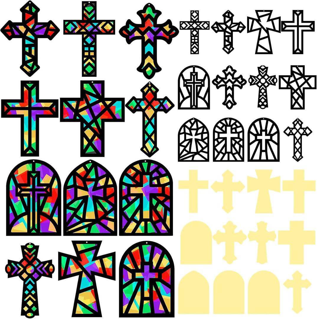 24 Sets Religious Cross Crafts DIY Window Stained Glass Effect Tissue Paper Christian Home Sunday Resurrection Church Craft Decoration Creative Activity Project Gift Favor