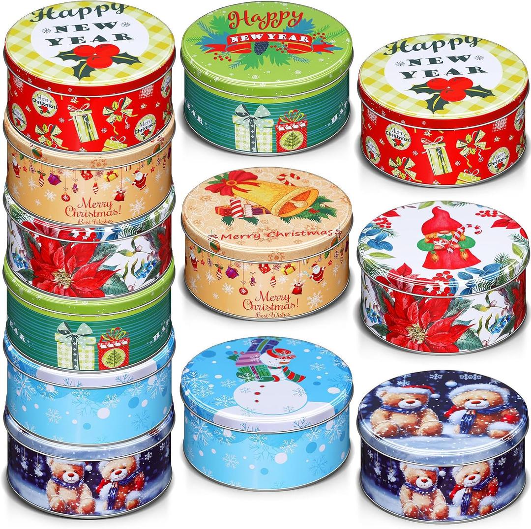 Yaomiao 18 Pack Christmas Cookie Tins with Lids for Gift Giving Small Xmas Tin Containers Round Metal Christmas Tins Empty Cookie Jar for Gift Giving Holiday Party Favors (Classic Style)