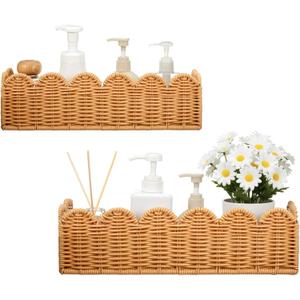 Ripeng 2 Pcs Scalloped Hanging Shower Caddy, Wicker Wall Bathroom Shelves, Waterproof Shower Shelves for Cosmetics, Toiletries Organization and Storage, Rattan Wall Rack for Bathroom Decor