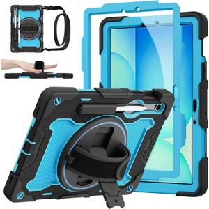 Galaxy Tab S10 Lite/S10 FE/S9 FE 5G/S9 Case 10.9"/11" with MIL-STD-810G Protection, 360 Rotating Strap, Kickstand, Screen Protector, S Pen Holder, Kid-Friendly, Light Blue/Black