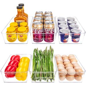 HOMER Set of 6 Refrigerator Organizer Bins, Pantry Organization and Storage Bins, Fridge Organizers with Cutout Handles, Clear Plastic Storage Bins for Pantry - BPA Free Kitchen Organizers