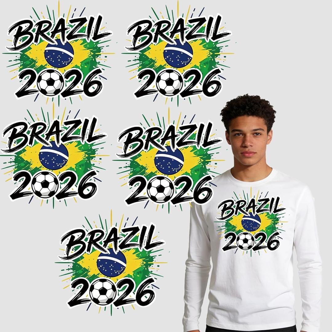2 x Soccer Iron-on Patches for T-Shirts Brazil 2026 Soccer Cup Green Yellow Blue Brazil National Flag Soccer Motifs 8.6in & 7in Large Iron-On Sew-On for Jackets Jeans Pants Party Outfits DIY Crafts 5 Pcs