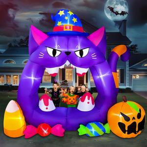 SEASONBLOW 7 Ft Halloween Inflatable Spooky Cat Photo Booth with Pumpkin, Candy Decoration LED Light Up Blow Up Spooky Cat Photo Frame for Halloween Party Indoor Outdoor Garden Yard Decor