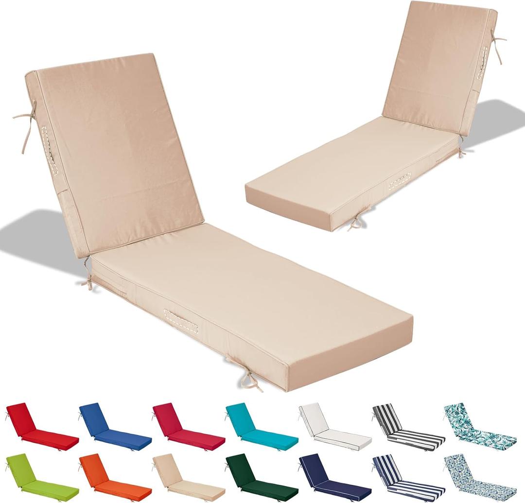 80x26x4in Lounge Cushions for Outdoor Furniture,Outdoor Lounge Chair Cushions Set of 2, Pool Chaise Cushions for Patio Lawn, Patio Lounger Pads with Removable Cover, Khaki 26xf
