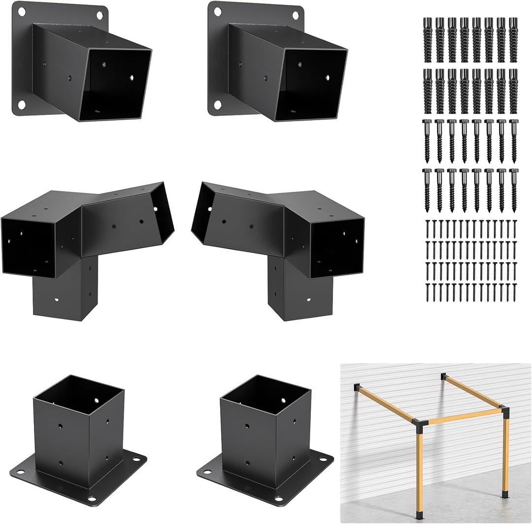 15 3-Way 6pcs Slanted Roof Pergola Bracket Set, Roof Wall Mount Extension Bracket Kit,4" x 4" (Actual: 3.5x3.5 Inch) Powder-Coated Pergola Hardware for Porch,Gazebo, Backyard
