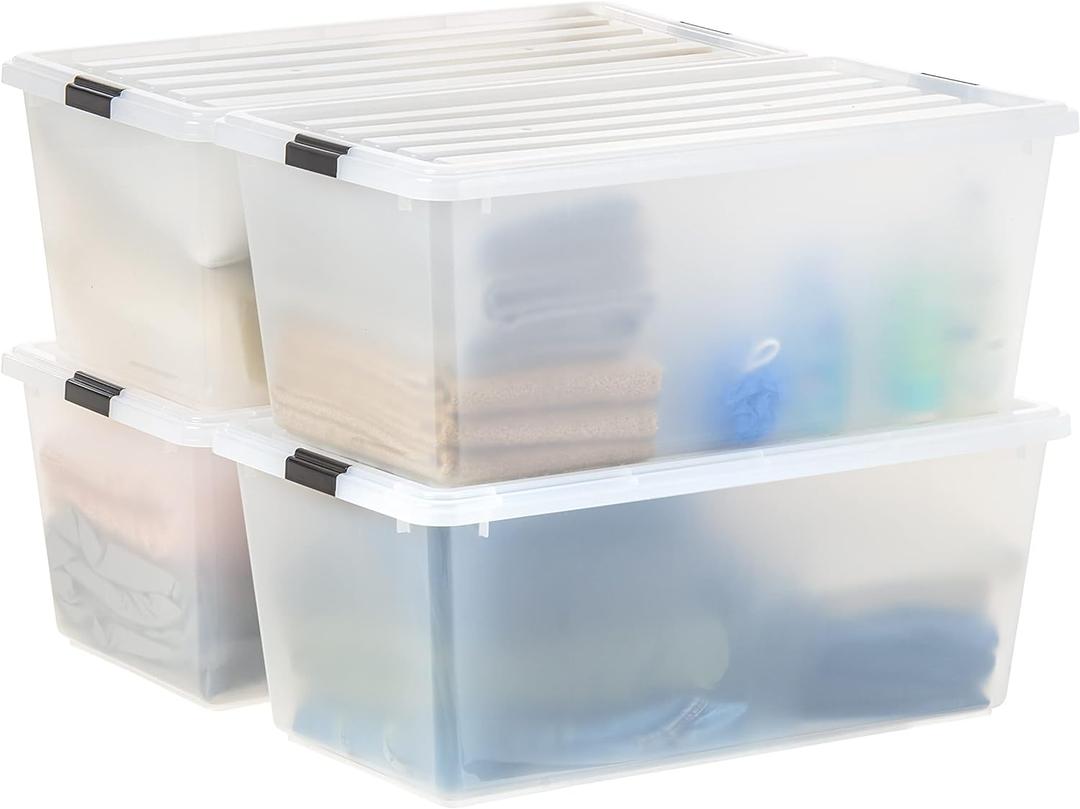 IRIS USA 91 Qt Stackable Plastic Storage Bins with Lids, 4 Pack - BPA-Free, See-Through Organizing Solution, Latches, Durable Nestable Containers, Secure Pull Handle, Made in USA - Clear