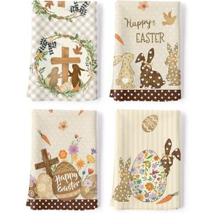 Easter Bunny Tea Towels 100% Cotton Quick Dry Beige Rabbit Kitchen Towels, 18.9 x 27.5'' Absorbent Dish Cloth for Kitchen Home Decor, Housewarming, Birthday Gifts for Women, Set of 4