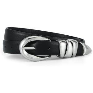 HOTWILL Women Skinny Belt for Jeans Dress Pants Ladies Fashion Faux Leather Waist Belt with Gold Buckle (Medium: 29"-32" (Pant 8-10), Black_silver Buckle)