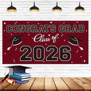 16 x 2026 Graduation Party Plastic Backdrop - 65" x 32.7" Congrats Grad Banner in Maroon, Large Class of 2026 Decorations, Photography & Grad Party Supplies