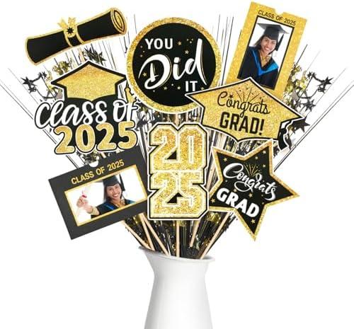 Weekgrat 30 Pcs Graduation Decorations Class of 2025 Graduation Centerpiece for Tables Photo Table Toppers Graduation Party Picture Centerpiece Sticks Congrats Grad Table Centerpiece (Black,Gold)