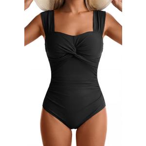 Womens One Piece Swimsuits Tummy Control Twist Front Bathing Suits Full Coverage Swimsuit Wide Straps Swimwear (Black, L)