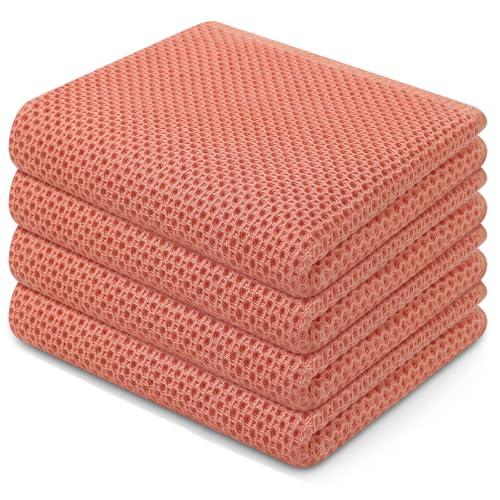 Homaxy 100% Cotton Waffle Weave Kitchen Dish Towels, Ultra Soft Absorbent Quick Drying Cleaning Towel, 13 x 28 Inches, 4-Pack, Coral