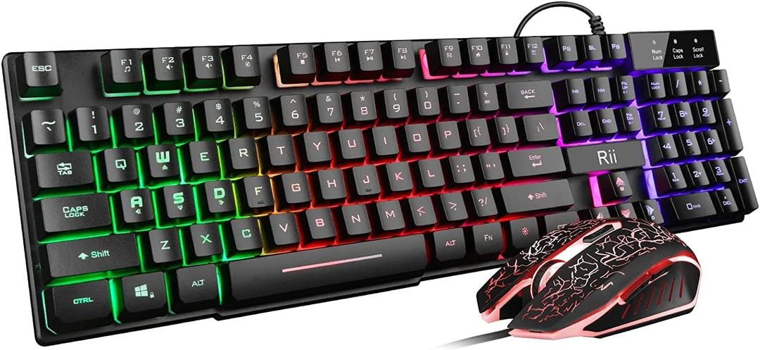 Rii Keyboard and Mouse Set, Rainbow LED Backlit Multimedia PC Keyboard, Colorful Breathing Backlit Gaming Mouse for Work or Play
