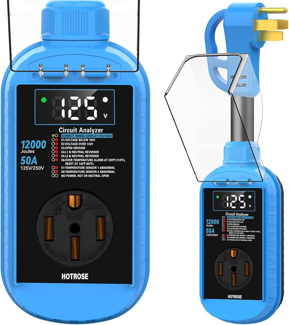 RV Surge Protector 50 Amp with High/Low Voltage Protection, 12000 Joules 50 Amp RV Surge Protector Waterproof, Smart RV Circuit Analyzer w/LED Display, RV Adapter Plug for RV Camper