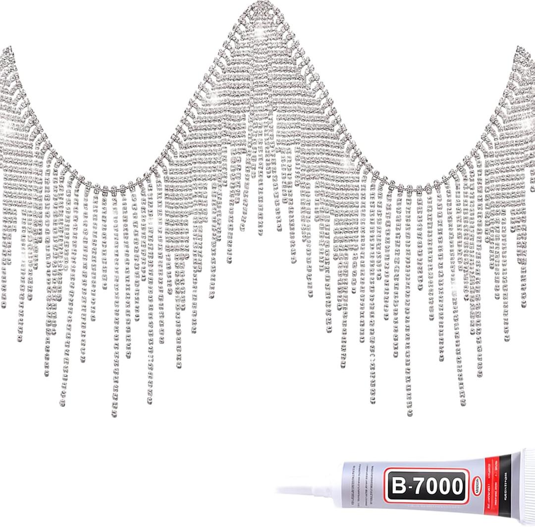 Rhinestone Fringe Belt Beaded Ribbon Diamond Tassel Chain for Jeans Clothing Accessories DIY Decoration (2 Yard, Silver)