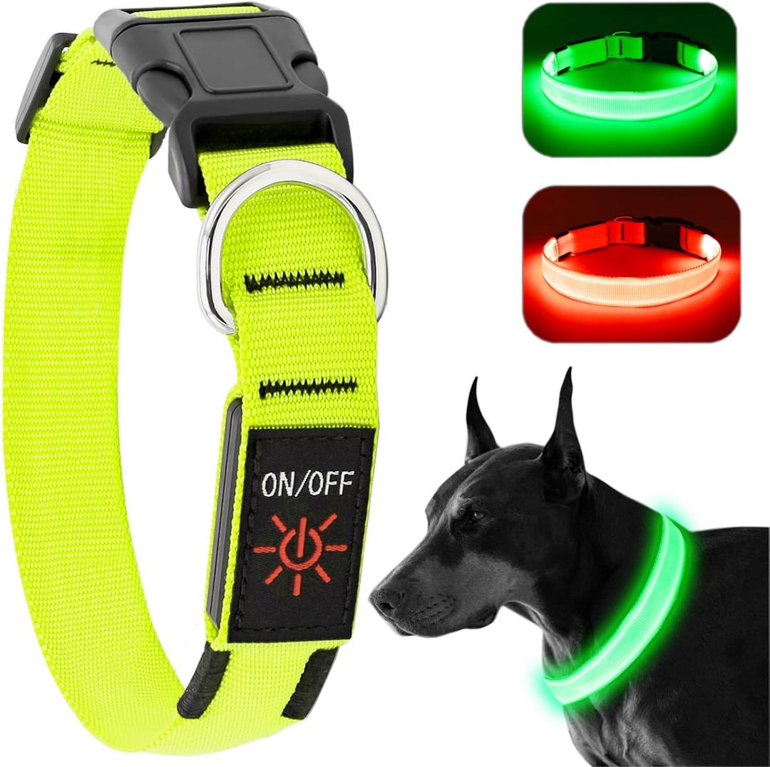 LED Dog Collar - Adjustable, Rechargeable, Waterproof, Glow in Dark for Medium Large Dogs (Green)