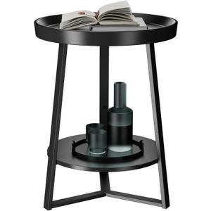 Gadroad Round End Table with Storage Shelf, 2 Tier Farmhouse Side Table Nightstand for Living Room, Bedroom, Wood Tabletop & Black Metal Frame, Black 15.7 * 15.7 * 23.0 inches