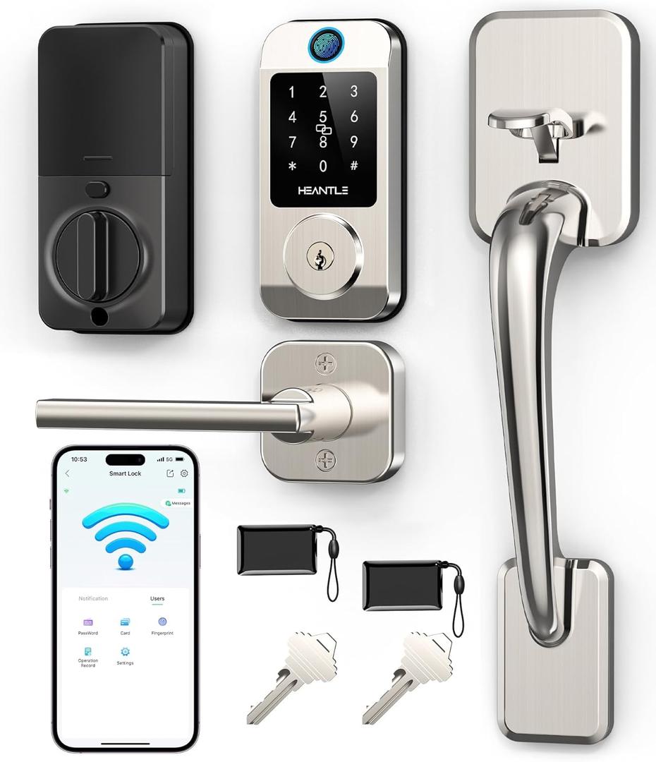 Wi-Fi Front Door Lock Set - HEANTLE Smart Locks for Front Door Built-in WiFi Keyless Entry Deadbolt with Handle Set Fingerprint Smart Electronic Deadbolt, Works with Alexa & Google Assistant Silver