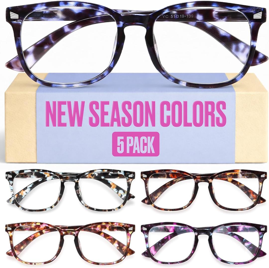 CCVOO +2.0 Ladies Reading Glasses for Women Clear Vision 5-Pack Blue Light Filtering Readers with Spring Hinges
