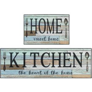 Farmhouse Green Kitchen Rugs and Mats Non Skid Washable Set of 2, Vintage Wooden Board Floor Mats, Sweet Heart Home Runner Rug, Rustic Kitchen Decor