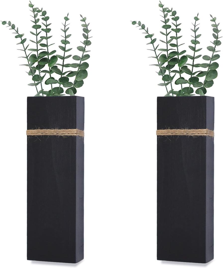 Wall Planters for Indoor Plants - 2 Pack Wood Wall Vases for Dried Flowers & Artificial Plants Modern Farmhouse Wooden Vase for Living Room Bedroom Kitchen Decorations - Black