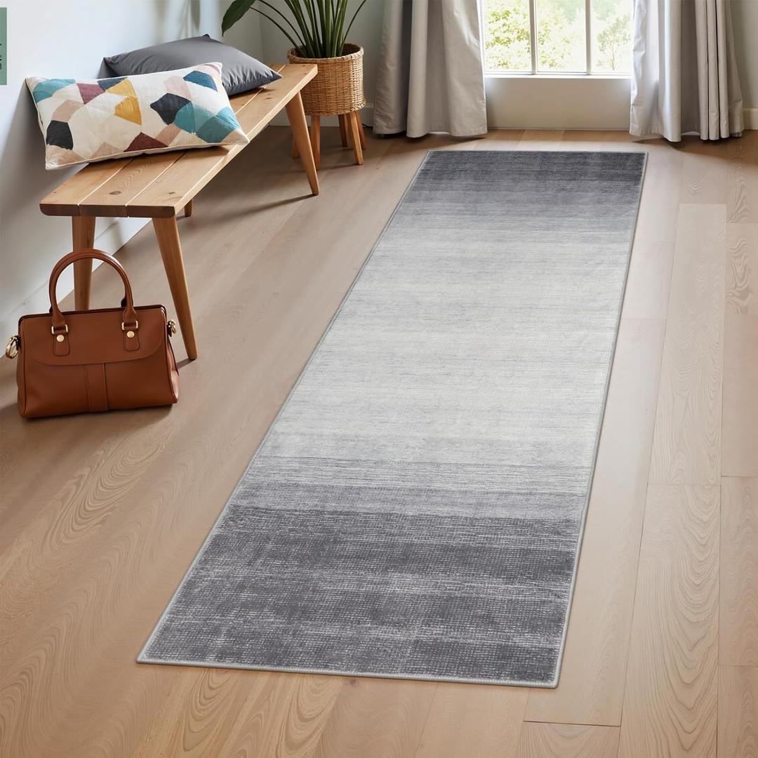 Wonnitar Modern Ombre 2x6 Hallway Runner Rug, Washable Grey Kitchen Rug Runner, Non-Slip Abstract Contemporary Laundry Room Carpet Runner Soft Low Pile Mat for Entryway Bathroom (Grey, 2'x6')
