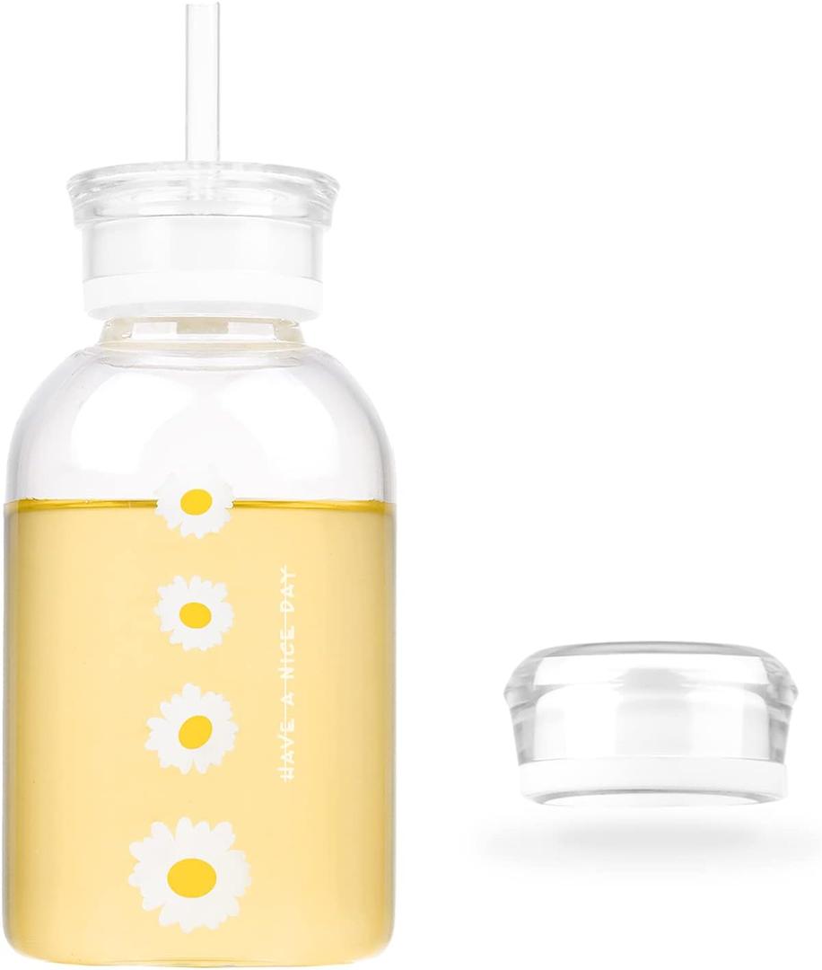 WHJY 16oz Cute Matte Glass Water Bottle with Straw, Milk Juice Bottle with Scale, 2 Lids, Little Daisy Sunflower Portable Cup - Clear 4 Sunflowers