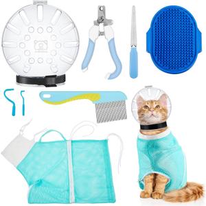 8 Pcs Cat Muzzle Set with Adjustable Cat Bathing Bag Breathable Clear Muzzle Pet Grooming Brush Tick Remover Tool Nail Clipper Nail File for Dog, Bunny Cleaning Trimming(L Size,Blue)