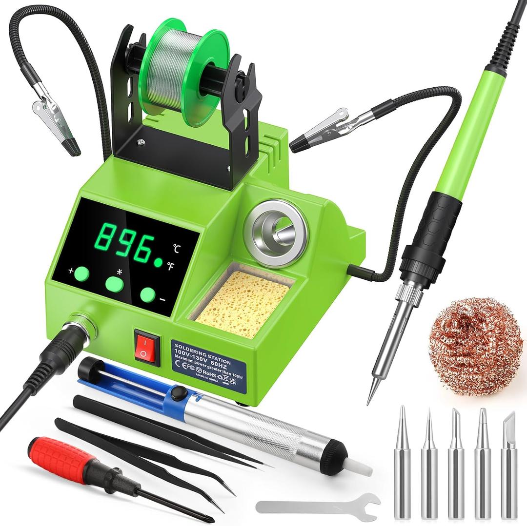 Soldering Station, 100W Digital Display Soldering Iron Station Kit with 2 Helping Hands, 356F - 896F, Auto Sleep, C/F Conversion, Solder Wire, Tips, Stand, Pump, Tweezers, Tip Cleaner, Green