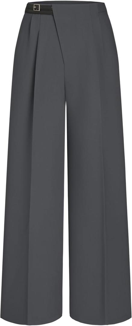 CIDER Belted Dress Pants Women High Waisted with Pockets Straight Leg Work Pants Business Casual Office Trousers (Large, Dark Grey (Run Small))