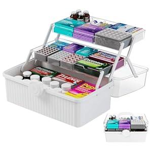 Yieach 13.3 Inch Craft Box Organizer and Medicine Organizer Storage with 2 Tier Tray, Multifunctional Plastic Sewing Organizers, Cute First aid Kit Empty Box with Handle and Craft Supply storage, White