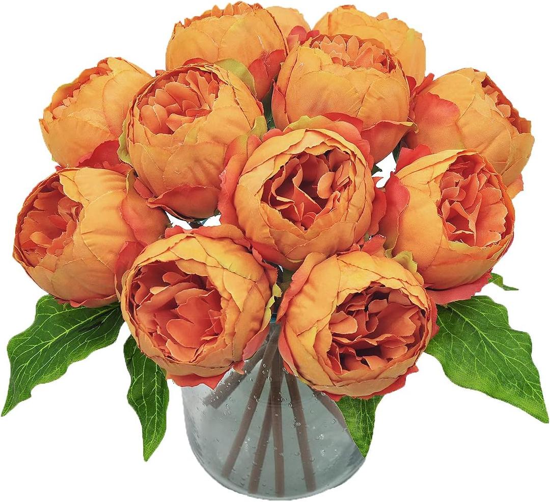 Artificial Fake Flowers Plants Silk Peony 12 Flower Heads Arrangements Wedding Bouquets Decorations Plastic Floral Table Centerpieces Home Kitchen Garden Party Dco, (Orange)