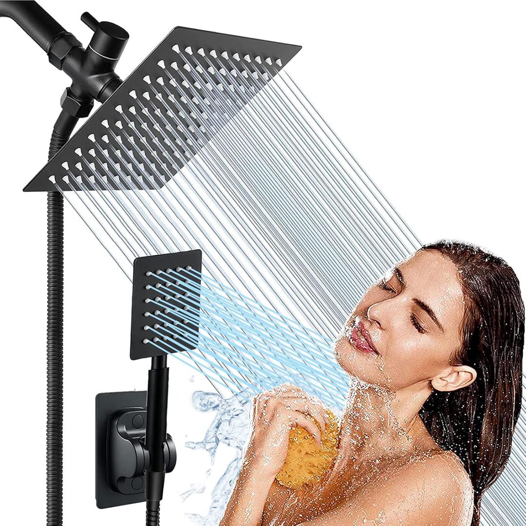 Black Shower Head and Handle Set All Metal, 8'' High Pressure Rain 2 in 1 Showerhead with Handheld Spray Combo with 78" Hose Stainless Steel, Adhesive Showerhead Holder, WOSAISIUS
