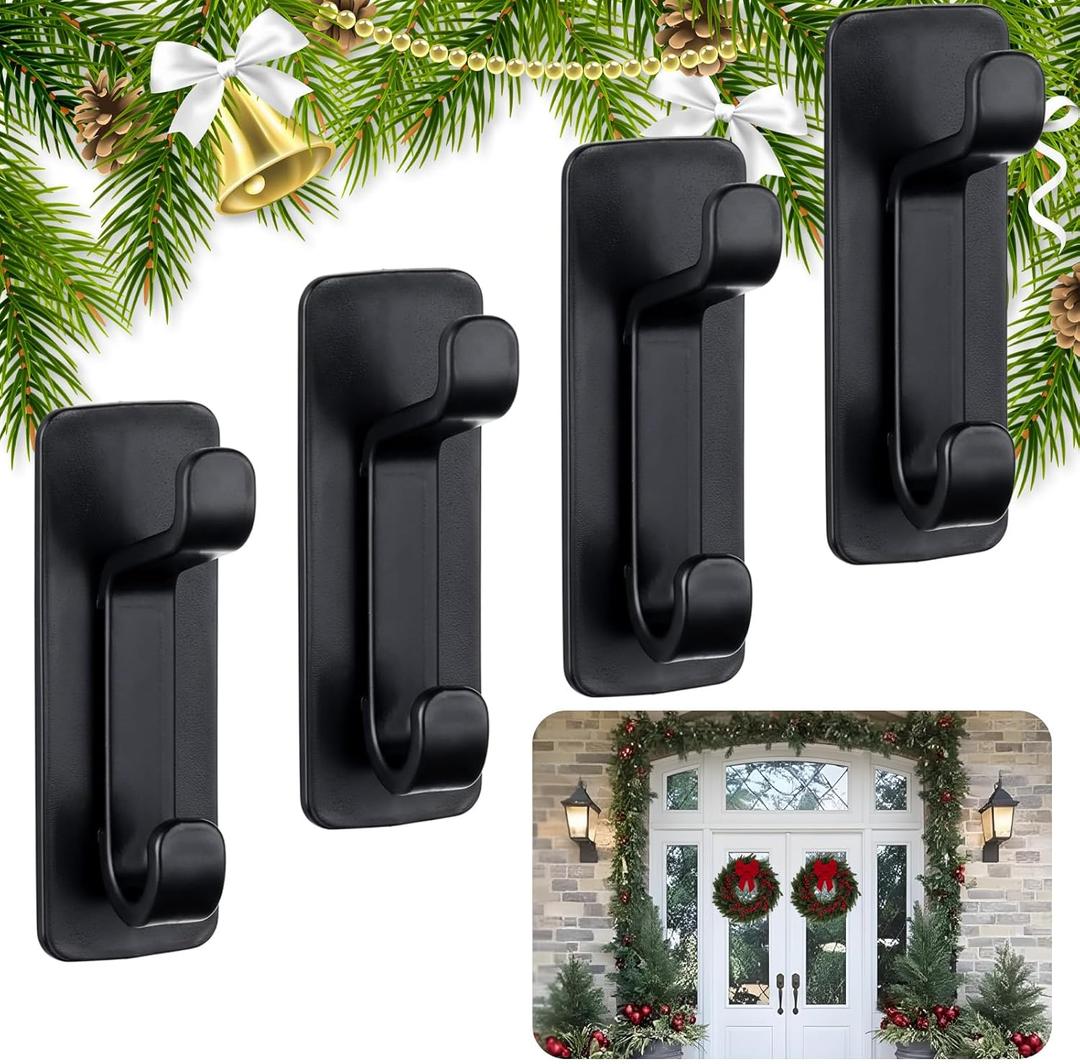 4 Pcs Wreath Hanger Christmas Holder for Front Door, 5 lb Adhesive Wall Hooks Door Hanger Stick on Christmas Stocking Holder Welcome Decoration Sign (Black)