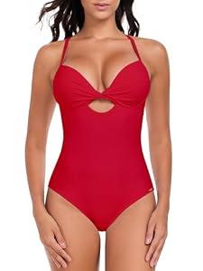 RELLECIGA Women’s Push Up One Piece Swimsuit Deep V Neck Cutout Bathing Suit (Red,XX-Large)