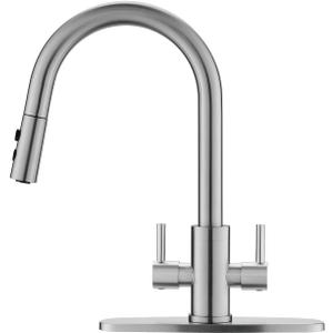 Kitchen Faucet, Two Handles Sink Faucet with Sprayer, Stainless Steel, Brushed Nickel, PB1045