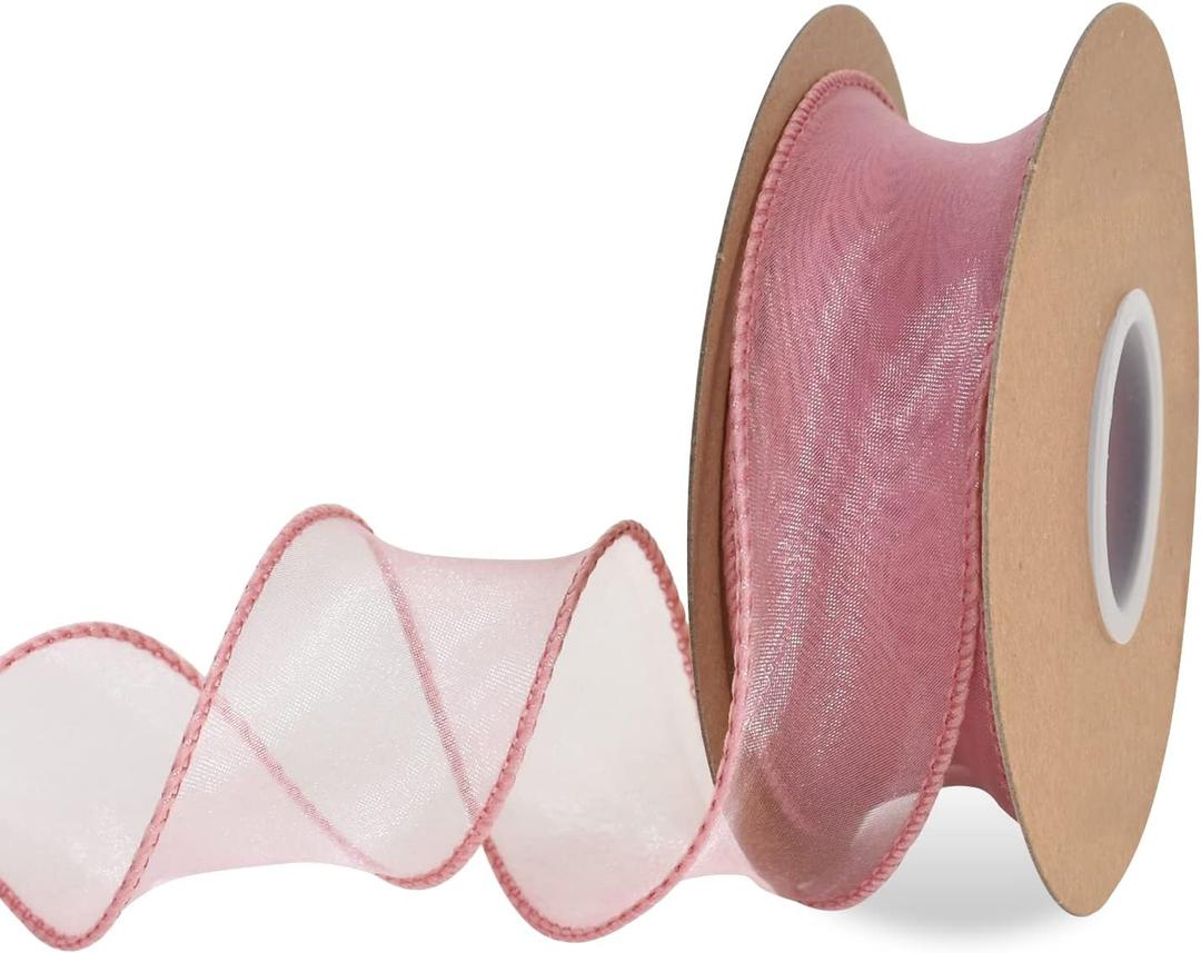 TONIFUL 1-1/2 Inch Wide Pink Wired Chiffon Ribbon Sheer Organza Ribbons for Crafts Floral Bouquets Wedding Car Party Decorations Valentine's Day Gift Wrapping Bow Making Tree Wreaths Decoration