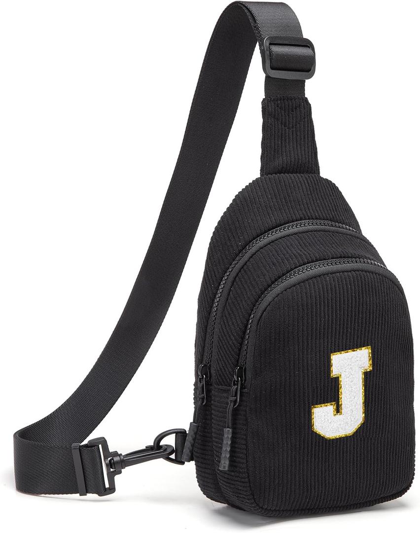 Viverte Small Corduroy Sling Bag Initial Crossbody Bag Fanny Pack for Girls Personalized Birthday Gifts for Teen Girls (Black-J)