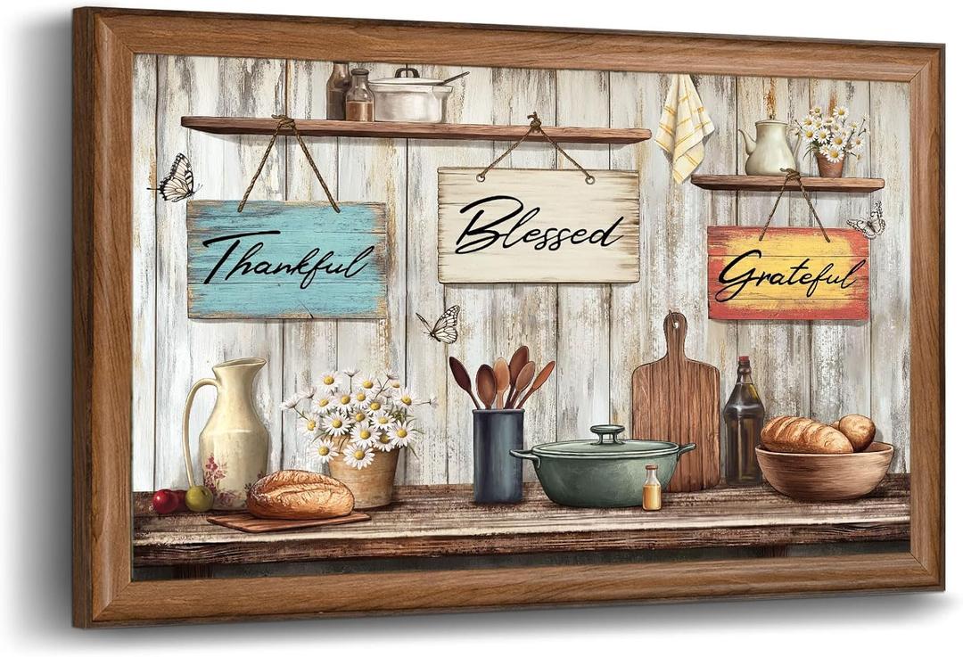 Sechars Farmhouse Kitchen Wall Art Thankful Blessed Grateful Signs Painting Pictures Rustic Country Dining Room Decor 16"X24"