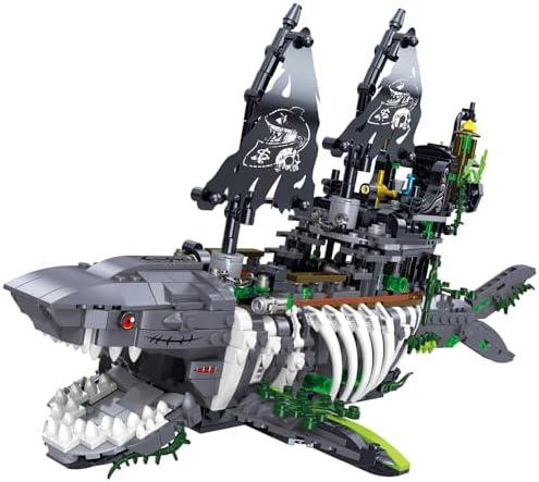 hhohio Pirate Ship Building Toys, Creative Ghost Shark Pirate Ship Building Sets, Jaws Model Ship Building Bricks Set for Kids(1155 PCS)
