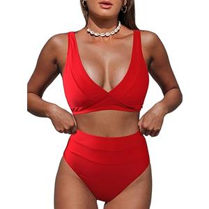 Hilinker Women's Leopard Bikini Swimsuits V Neck High Waisted 2 Piece Bathing Suits (Large, Solid Red)