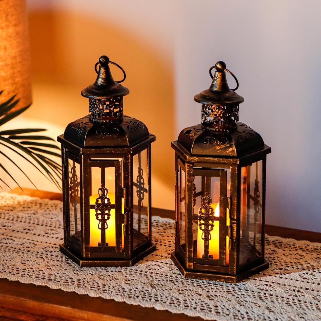 JHY DESIGN Decorative Candle Lanterns Set of 2 10" H Vintage Hanging Lanterns Metal Candleholders for Indoor Outdoor Home Parities and Weddings (Black with Gold Brush)