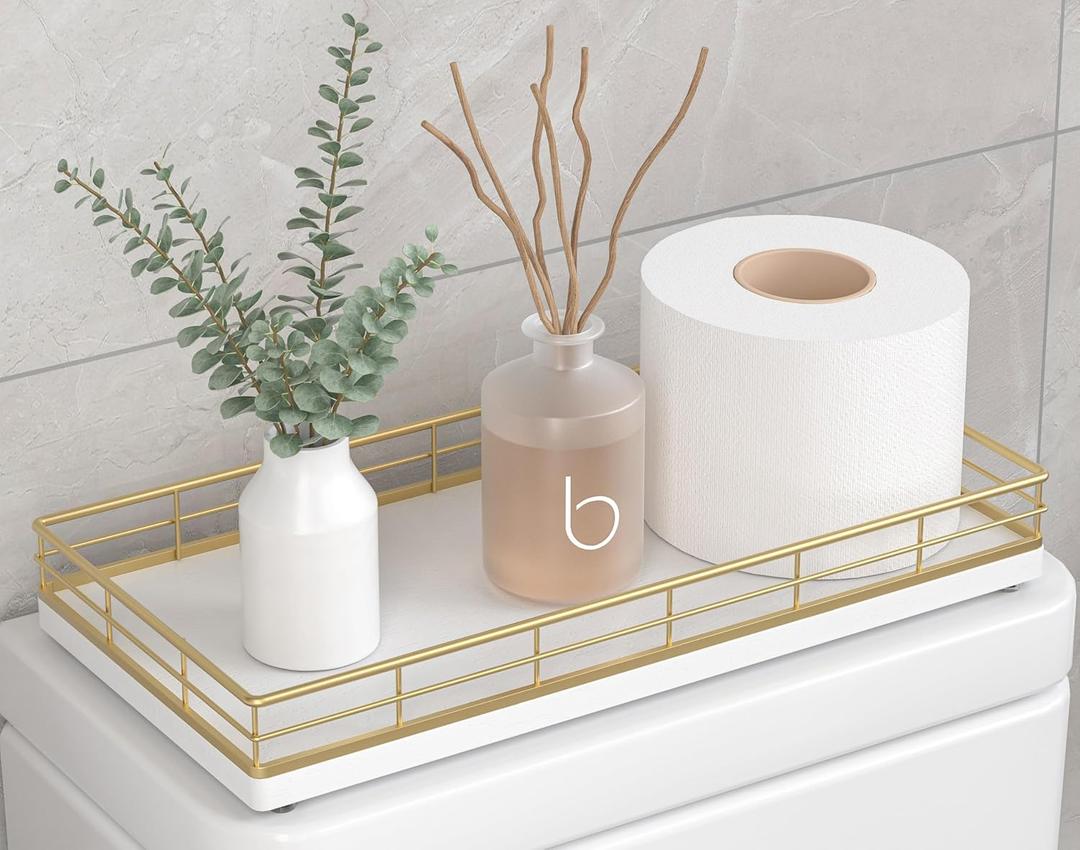Toilet Paper Basket Organizer Oak Wood Toilet Tank Tray with Metal Frame, Bathroom Counter Top Storage for Toilet Paper, Wipes & Decor, Modern Narrow Back of Tank Shelf Organizer, Gold & White