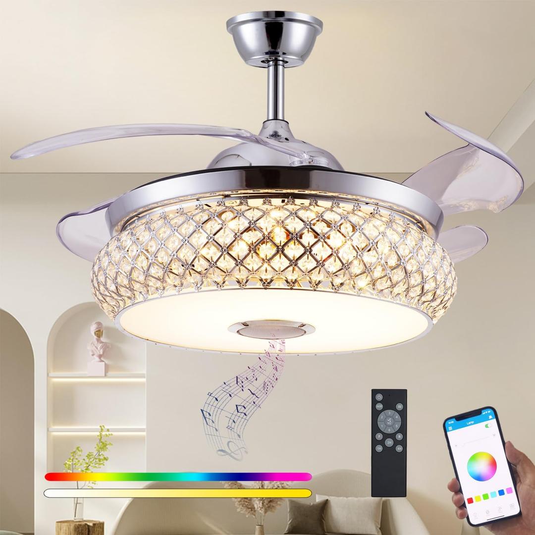 DFL 48" Retractable Bluetooth Ceiling Fan with Speaker, Ceiling Fan Chandelier with Bluetooth Speaker RGB Color Changing，6 Speed Reversible Modern Invisible Ceiling Fan, Remote and APP Control