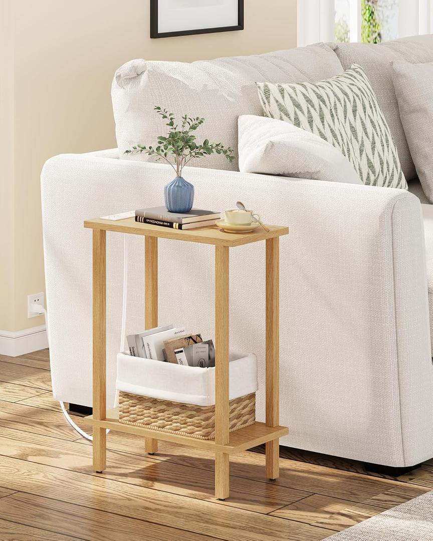 TUTOTAK Small End Table with Charging Station, Narrow Side Table with USB Ports and Outlets, Skinny Sofa Table, Slim Nightstand, Living Room, Bed Room, Natural TB01BN060 (2-tier)