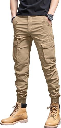 Charfille Men's Casual Cargo Pants Tapered Loose Fit Cuffed Joggers Sweatpants Drawstring Tactical Pants with Multi Pockets (1-Khaki, M)